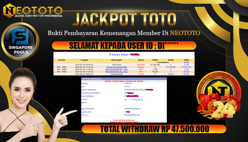 JACKPOT TOTO TOGEL SINGAPORE BERSAMA NEOTOTO – 47.500.000 LUNAS