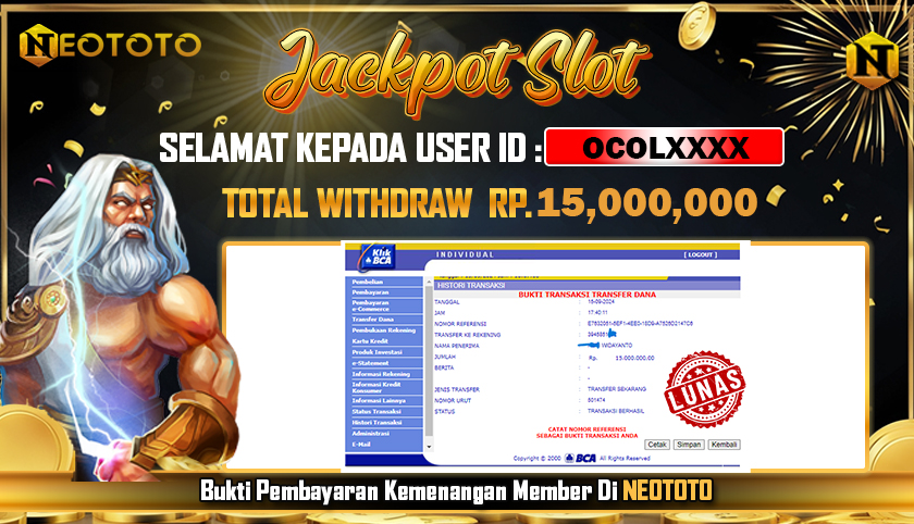 JACKPOT SLOT DARI MEMBER SETIA NEOTOTO HARI INI 15/09/2024 💸💸