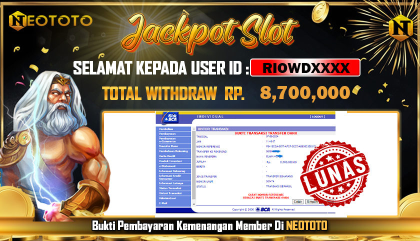 JACKPOT SLOT DARI MEMBER SETIA NEOTOTO HARI INI 07/09/2024 💸💸