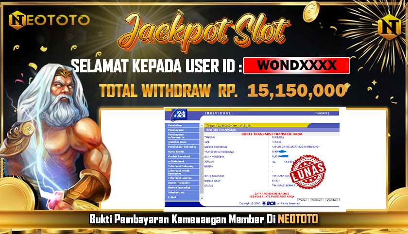 JACKPOT SLOT DARI MEMBER SETIA NEOTOTO HARI INI 22/09/2024 💸💸