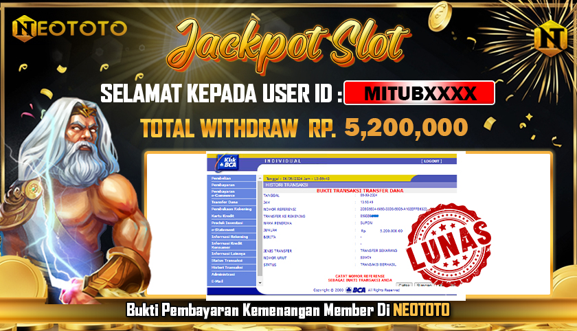 JACKPOT SLOT DARI MEMBER SETIA NEOTOTO HARI INI 06/09/2024 💸💸