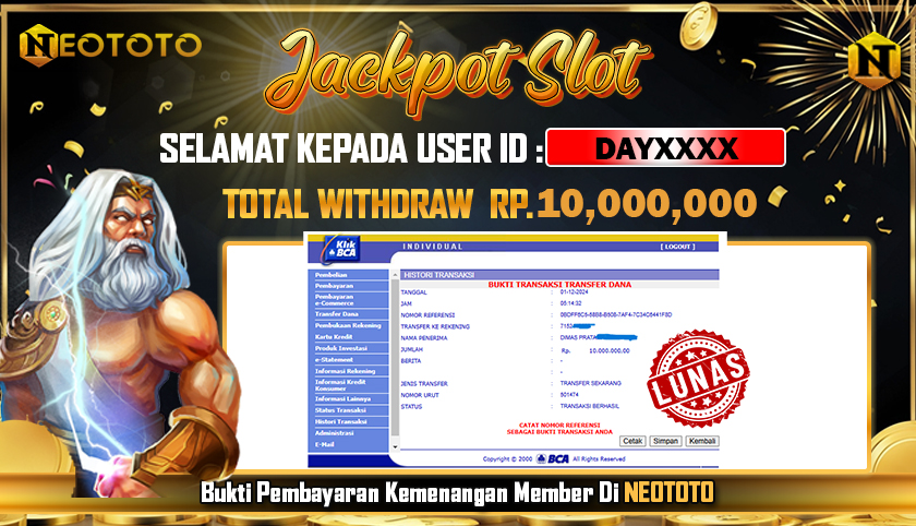 JACKPOT SLOT DARI MEMBER SETIA NEOTOTO HARI INI 01/12/2024 💸💸