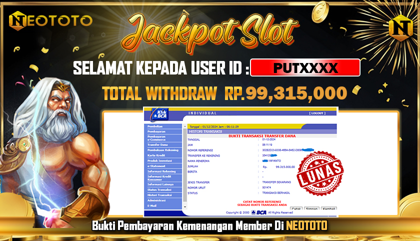 JACKPOT SLOT DARI MEMBER SETIA NEOTOTO HARI INI 01/12/2024 💸💸