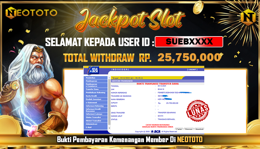 JACKPOT SLOT DARI MEMBER SETIA NEOTOTO HARI INI 04/12/2024 💸💸