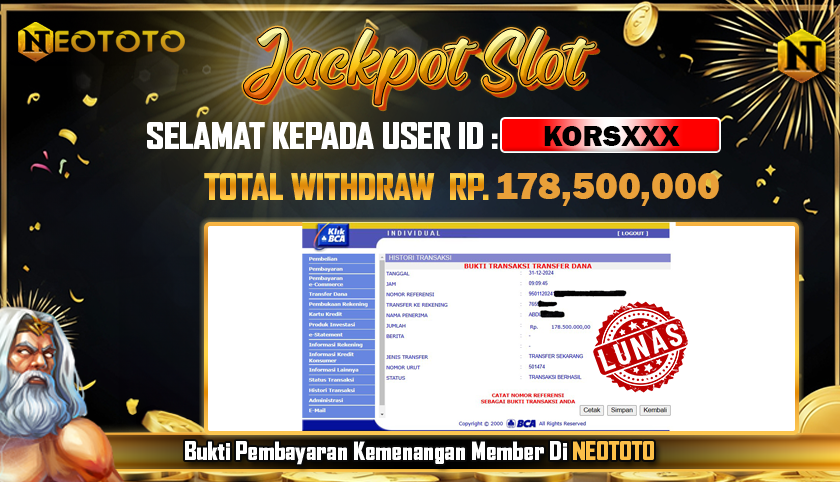 JACKPOT SLOT DARI MEMBER SETIA NEOTOTO HARI INI 31/12/2024 💸💸