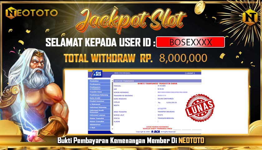 JACKPOT SLOT DARI MEMBER SETIA NEOTOTO HARI INI 31/10/2025 ๐ธ๐ธ