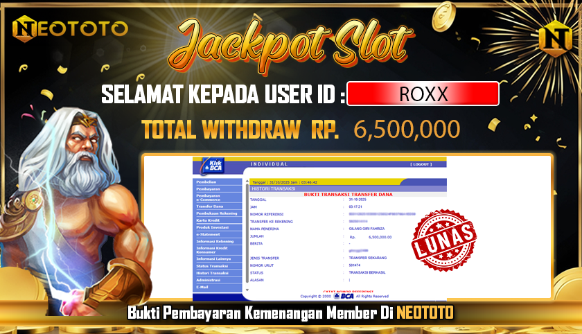 JACKPOT SLOT DARI MEMBER SETIA NEOTOTO HARI INI 31/10/2025 ๐ธ๐ธ